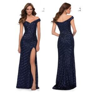 NWT Les Femme Sequin Off Shoulder High Slit Maxi Formal Gown Navy Blue Womens 12